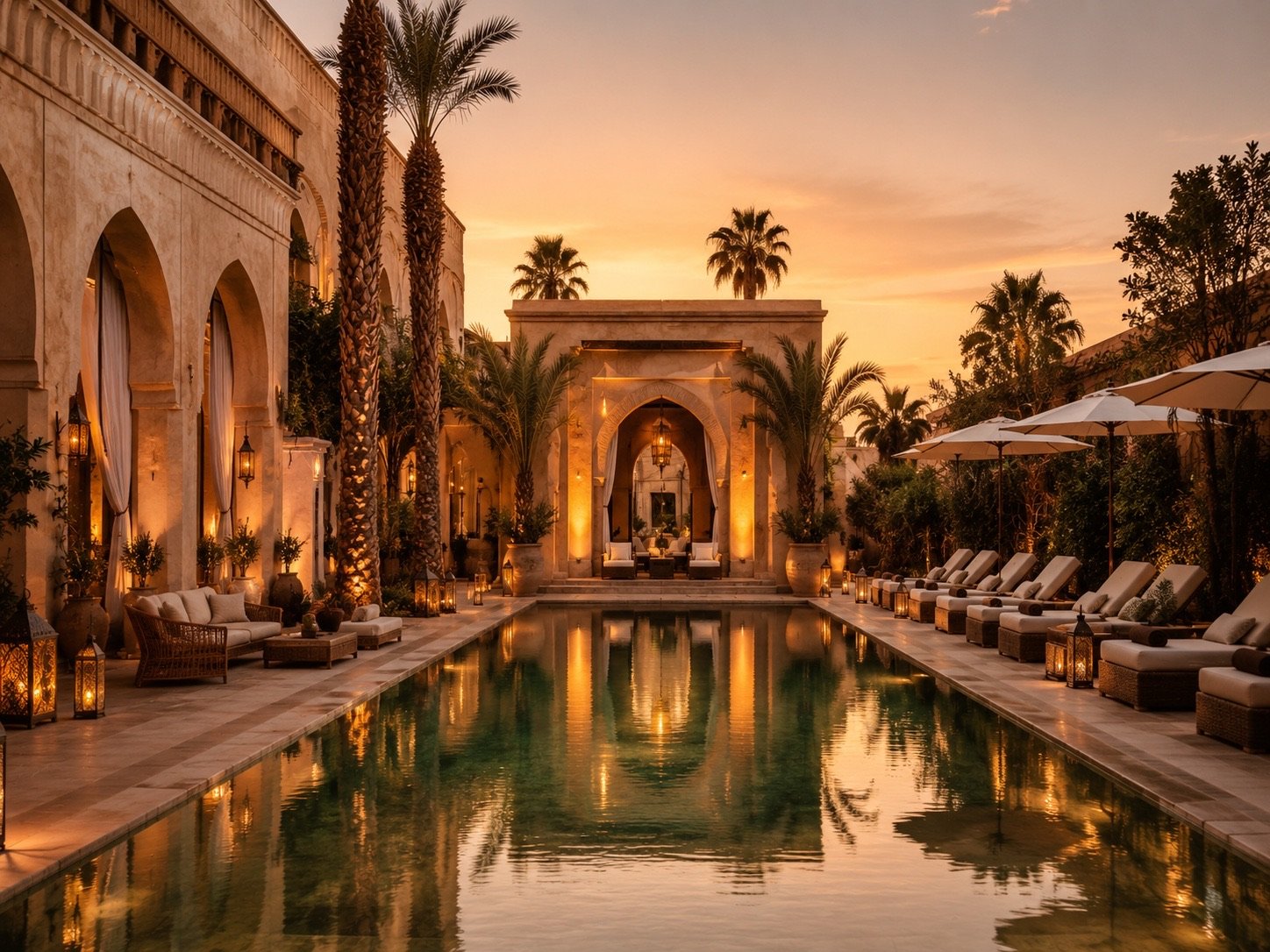 Piscine du riad au coucher du soleil